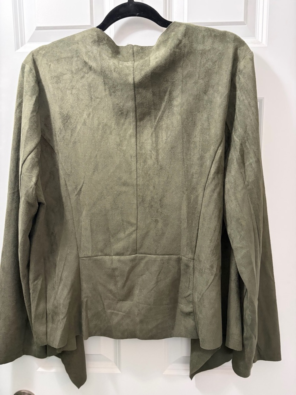 She + Sky Olive Green Sued like Open- Front Draped Boho Jacket/ Cardigan - Picture 3 of 5